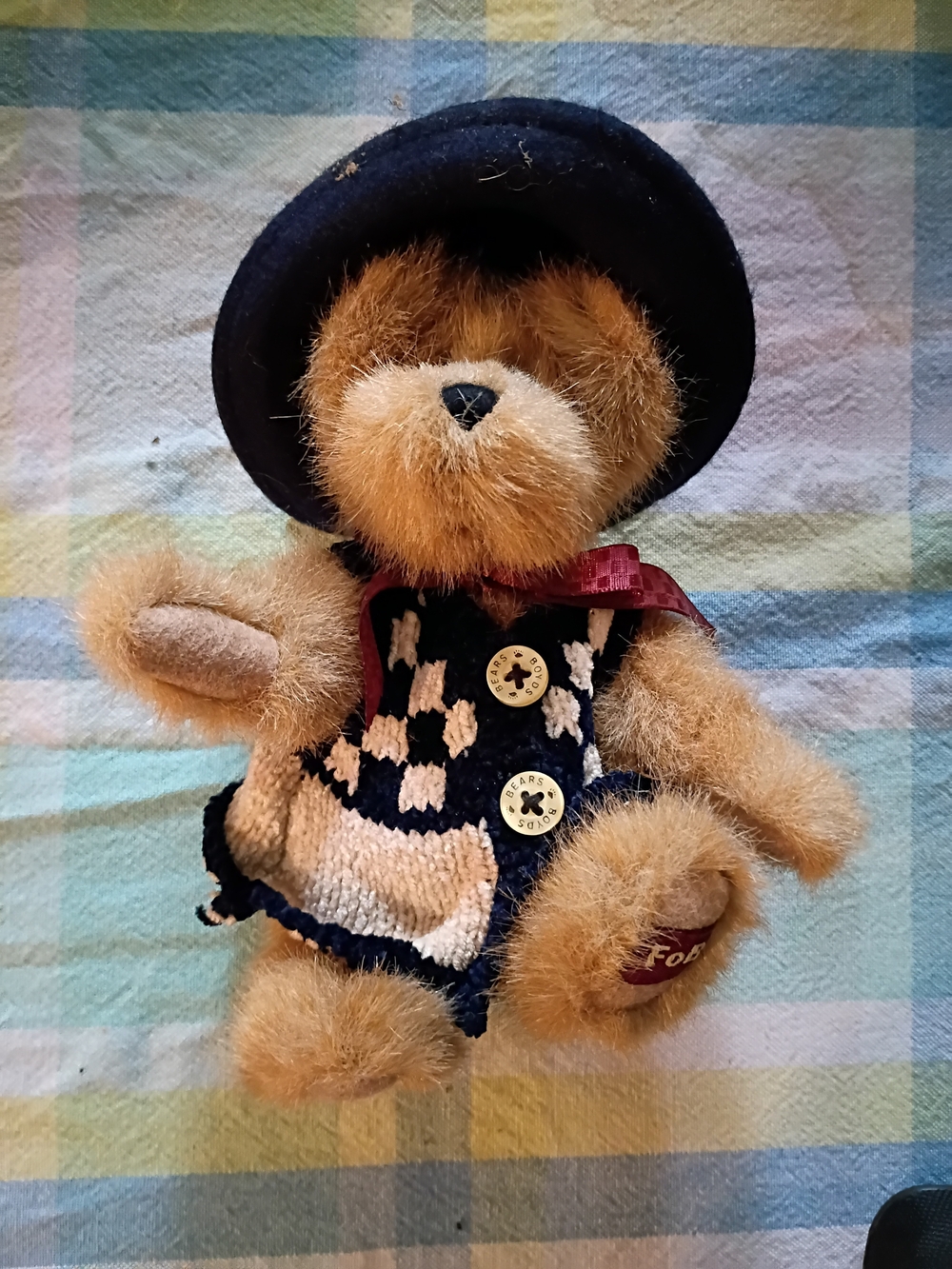 Boyds Bears Brown Teddy Wearing Navy and Cream Knit Outfit
